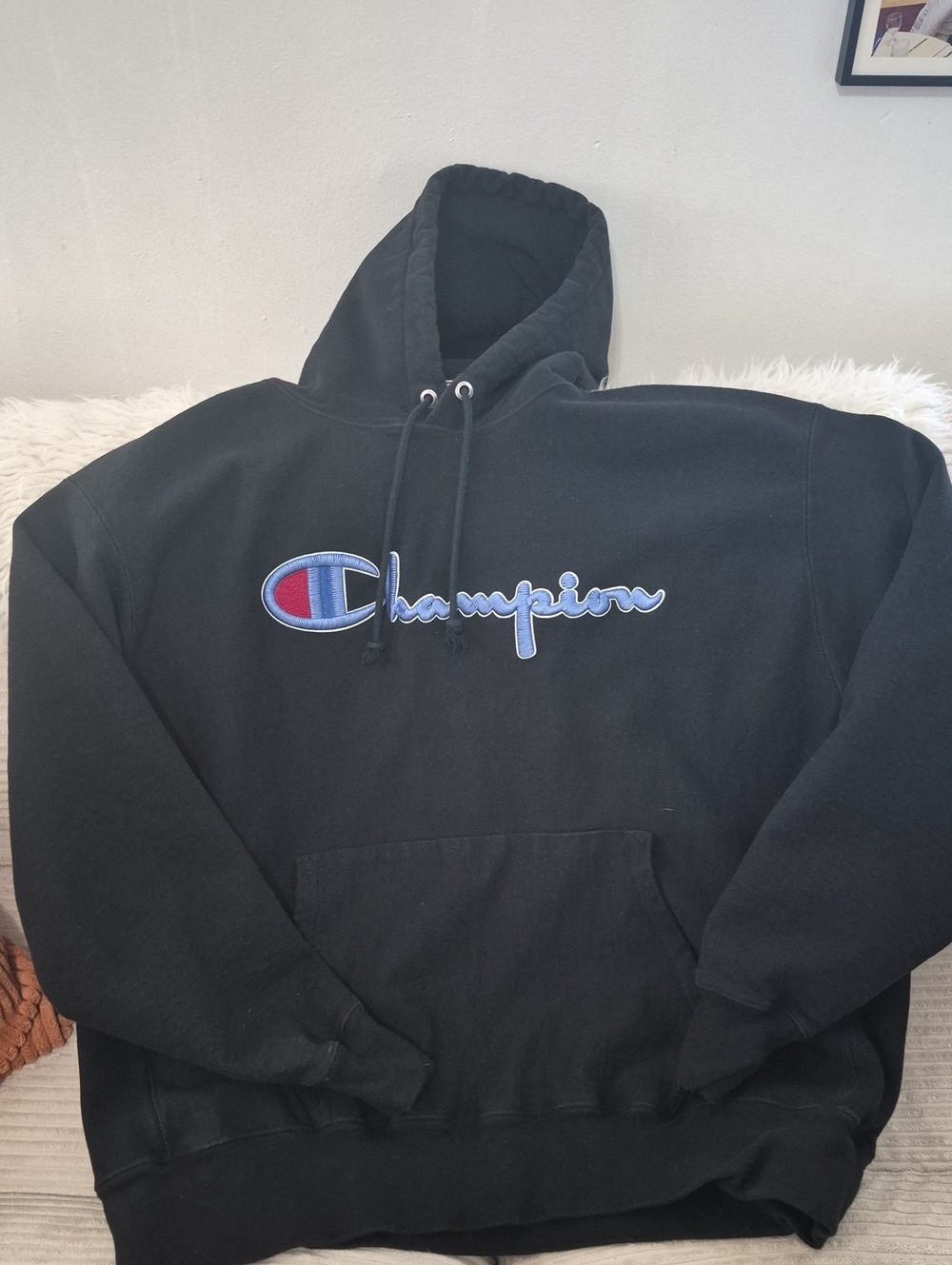 Champion Black Pullover Hoodie with Blue Script Logo